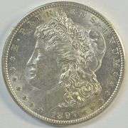 Flashy-white BU 1897-S Morgan Silver Dollar. Semi-key date