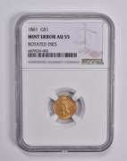 Error AU55 1861 $1 Indian Princess Head Gold Dollar Rotated Dies NGC