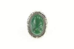 Sterling Silver Green Agate Carved Tribal Mask Statement Ring