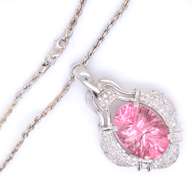 Incredible 18kt Set of Fantasy Cut Pink Topaz and Diamond Pendant on Chain with Matching Earrings