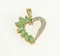 10K Yellow Gold Marquise Natural Emerald Diamond Heart Pendant