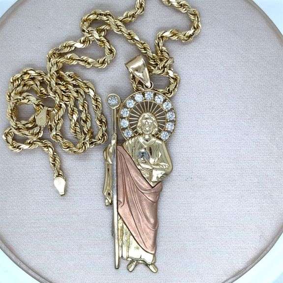 14K TRICOLOR SAINT JUDAS CHARM NECKLACE ADORNED WITH CUBIC ZIRCONIA STONES