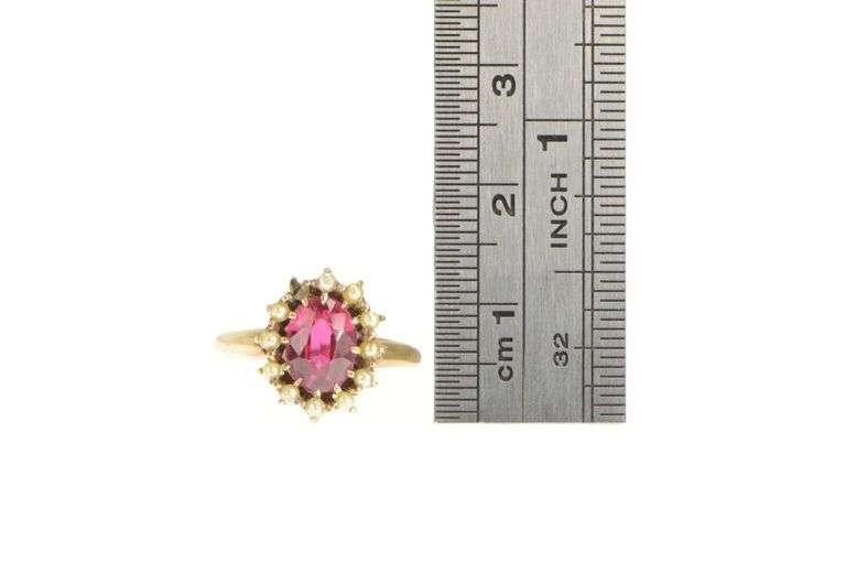 14K Yellow Gold Victorian Oval Syn. Ruby Seed Pearl Antique Ring