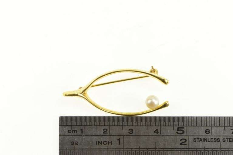 14K Yellow Gold Pearl Accent Wish Bone Good Luck Hope Pin/Brooch