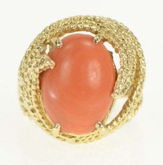 14K Yellow Gold 1950's Coral Rope Vintage Cocktail Statement Ring
