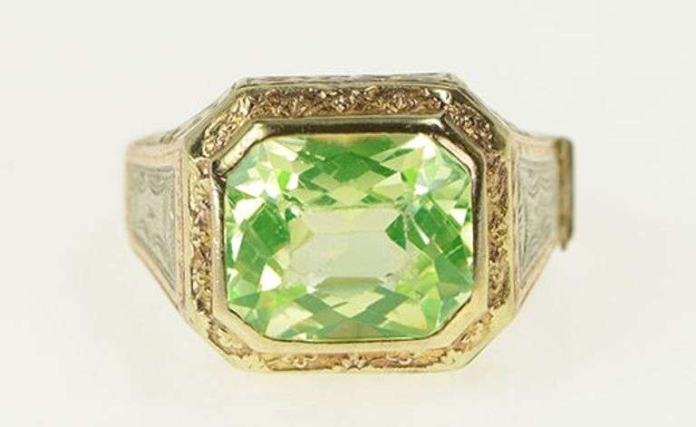 10K Yellow Gold Art Deco Lime Quartz Ornate Vintage Squared Ring