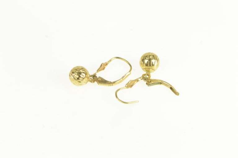 14K Yellow Gold Diamond Cut Ball Sphere Dangle Lever Back Earrings