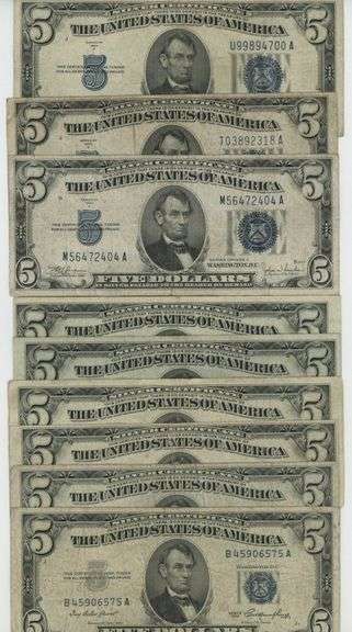 9 Assorted $5 Blue Seal Silver Certificates: 3 1934 & 6 1953
