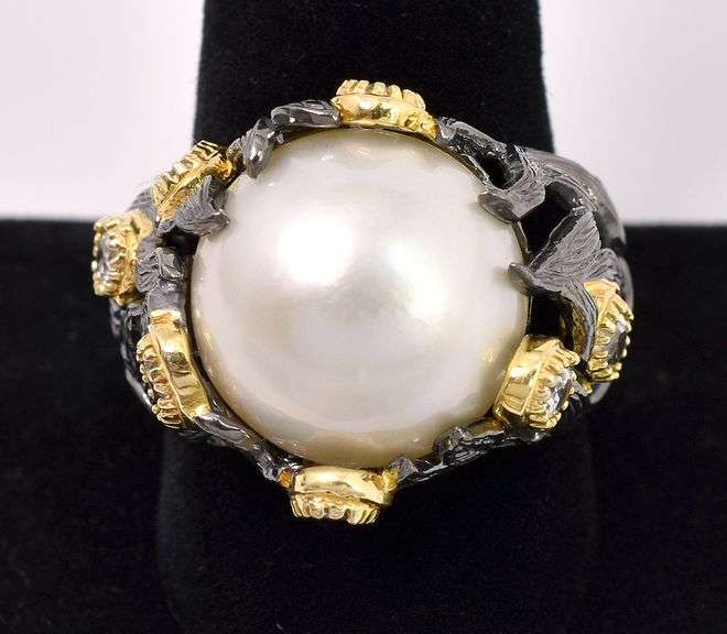 Large Pearl and CZ Ring In Sterling Silver
