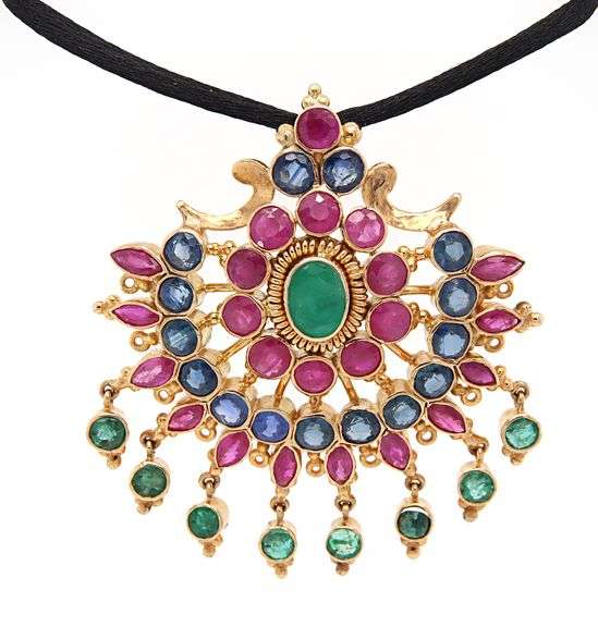 7.25ctw Ruby 4.50ctw Sapphire and 1.30ctw Emerald Fan Pendant Necklace in 14K