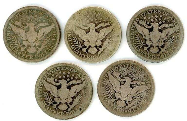 5 Assorted Barber Silver Quarters