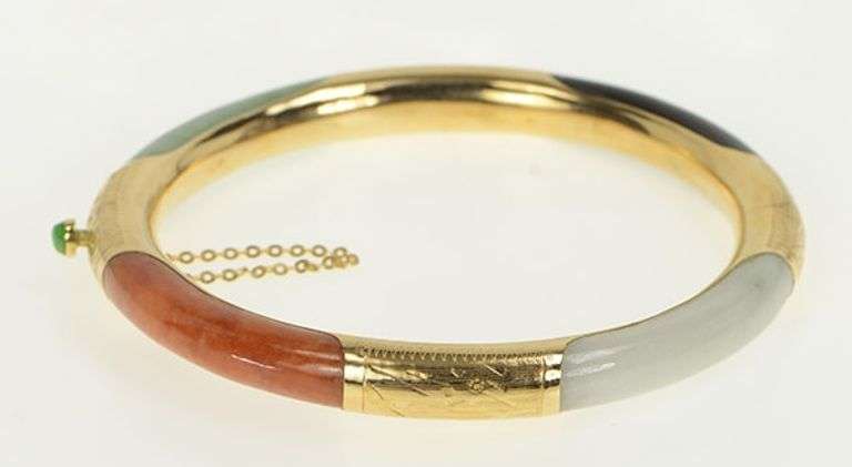 14K Yellow Gold Ornate Vintage Carved Jade Engraved Bangle Bracelet