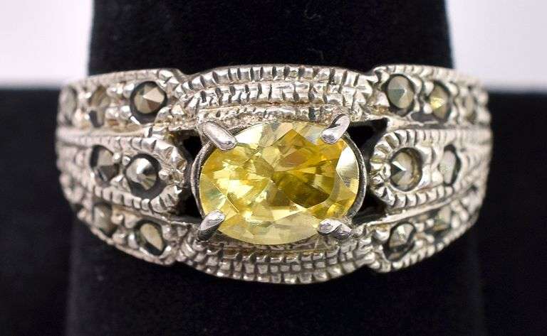 Yellow CZ And Marcasite Gem Ring In Sterling Silver