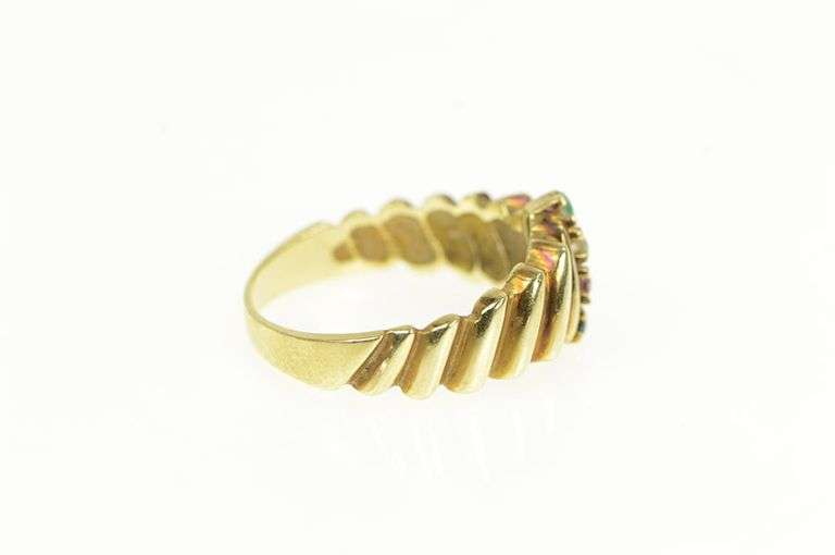 14K Yellow Gold Grooved Diamond Emerald Ruby Vintage Ring