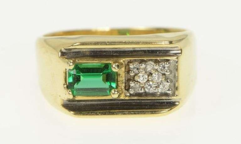 14K Yellow Gold Syn. Emerald Diamond Squared Men's Ring