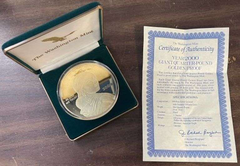 Year 2000 Giant Golden Proof  Sacagawea 4 Troy Oz Silver. Box/COA
