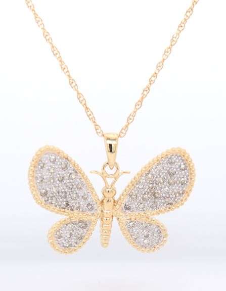 Charming Yellow Gold Two Tone Diamond Accented Butterfly Necklace
