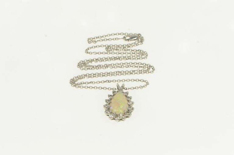 14K White Gold Pear Opal 1.00 Ctw Diamond Halo Statement Pendant