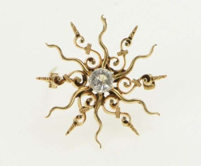 14K Yellow Gold Victorian Sun Swirl Flower CZ Statement Pin/Brooch