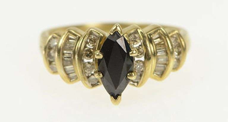 14K Yellow Gold Marquise Natural Sapphire Diamond Engagement Ring