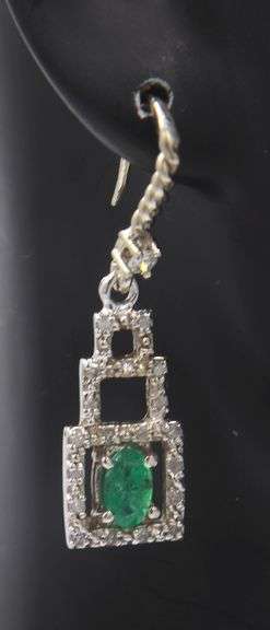 Charming White Gold oval Emerald and Diamond Dangle Earrings