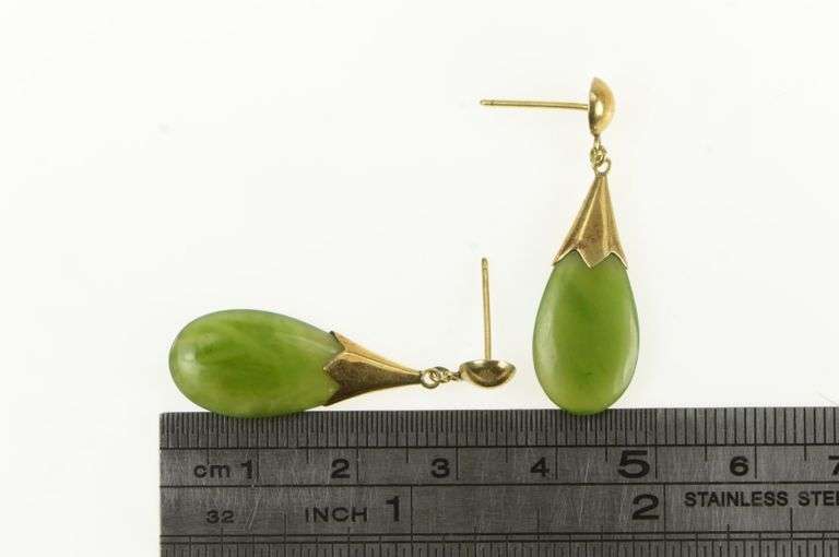 14K Yellow Gold Vintage Nephrite Drop Dangle Statement Earrings
