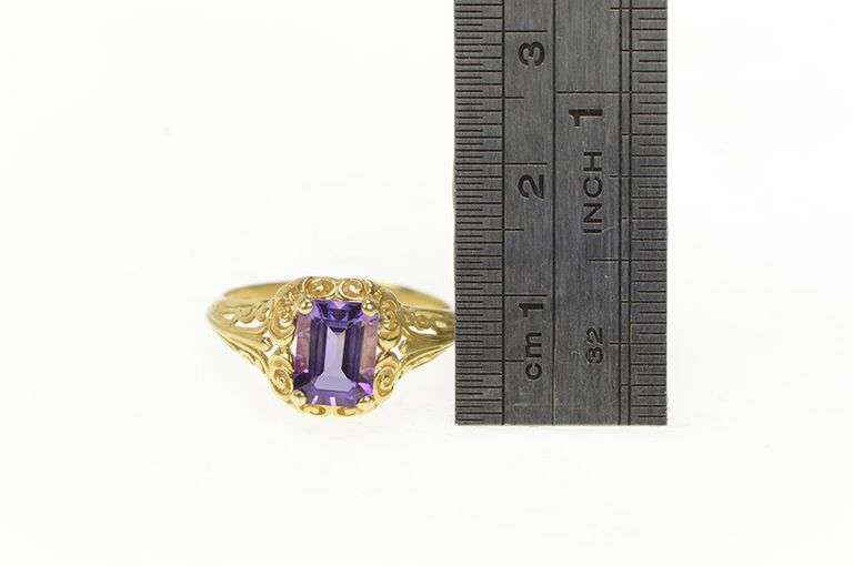 14K Yellow Gold Emerald Cut Amethyst Scroll Design Vintage Ring