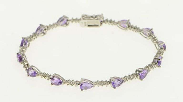 10K White Gold Pear Amethyst Diamond Accent Vintage Tennis Bracelet
