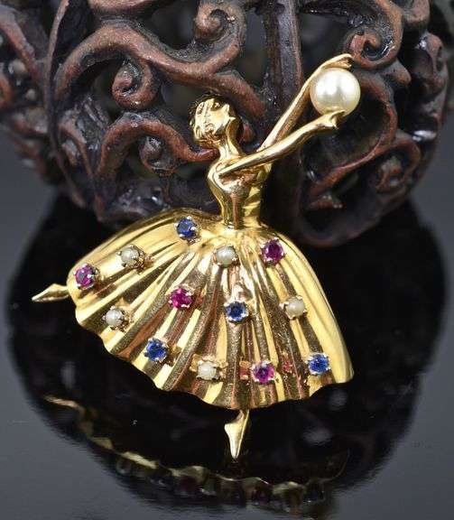 Charming 14K Ballerina Multi-Gemstone Brooch