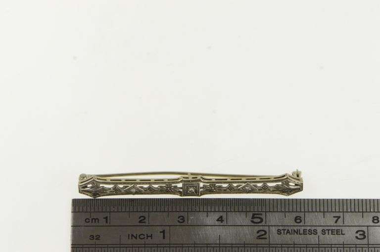 14K White Gold Art Deco Floral Diamond Filigree Ornate Bar Pin/Brooch
