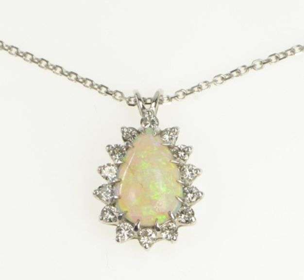 14K White Gold Pear Opal 1.00 Ctw Diamond Halo Statement Pendant