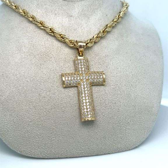14K YELLOW GOLD CROSS PAVE CUBIC ZIRCONIA STONES