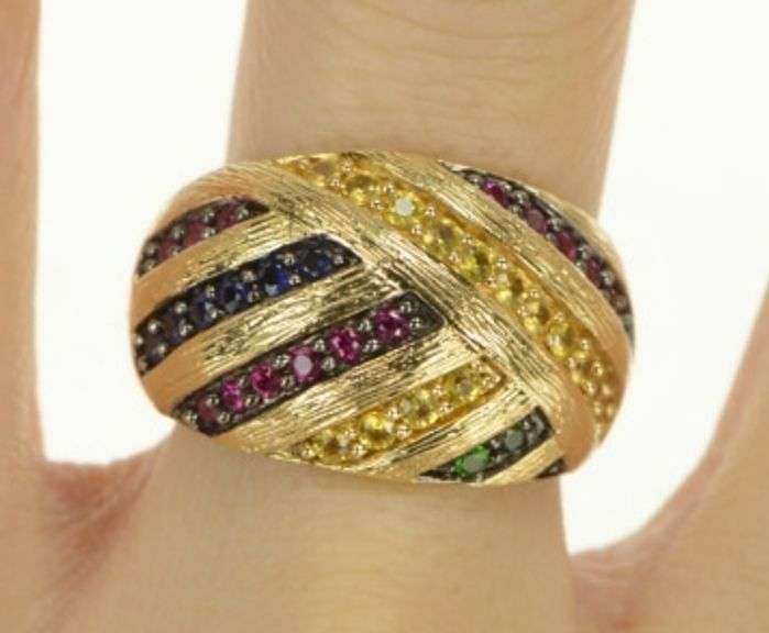 14K Yellow Gold Domed Yellow Pink Blue Sapphire Statement Ring