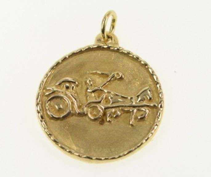 14K Yellow Gold Greek Chariot Scene Gladiator Pendant
