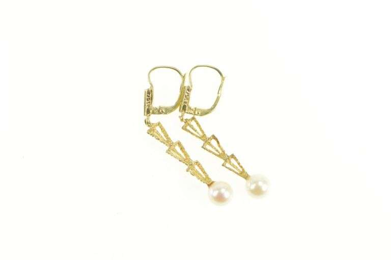 14K Yellow Gold Geometric Tiered Pearl Dangle Drop Earrings