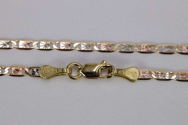 10k Gold Rose White Yellow Tri Color Solid Valentino Diamond-Cut Star Link Chain 2mm Necklace 24"