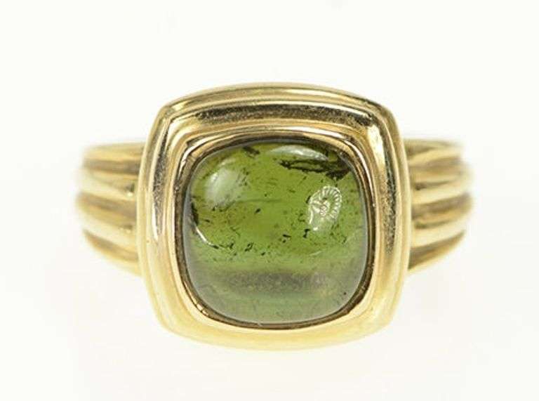 14K Yellow Gold Green Tourmaline Cabochon Ornate Vintage Ring