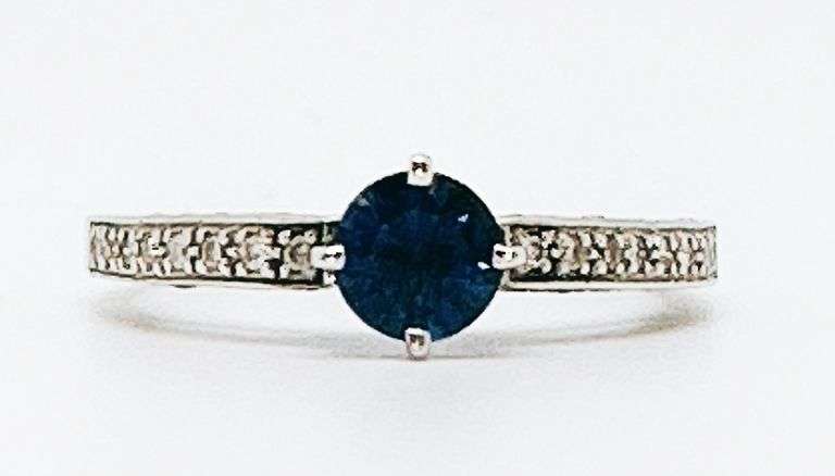 14kt Solid White Gold, Blue Sapphire, & Diamond Ring
