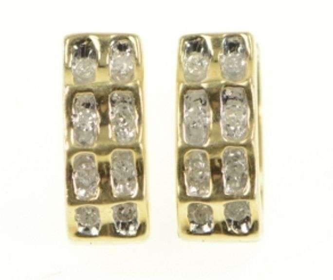10K Yellow Gold Retro Oval Diamond Squared Huggies Hoop Earrings