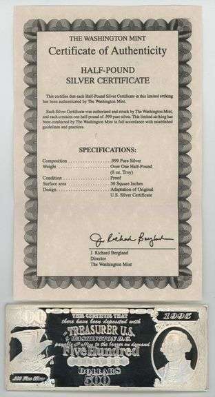 Great Pure 8 Troy Oz .999 fine silver $500 facsimile bar with COA