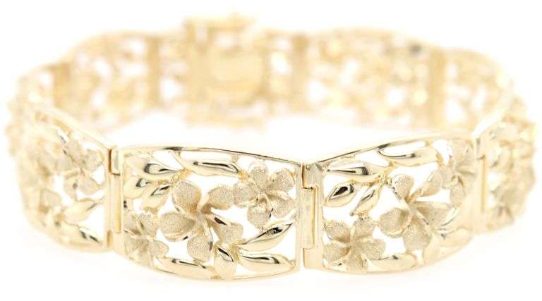 Polished and Satin Finished Plumeria Link Bracelet in 14K