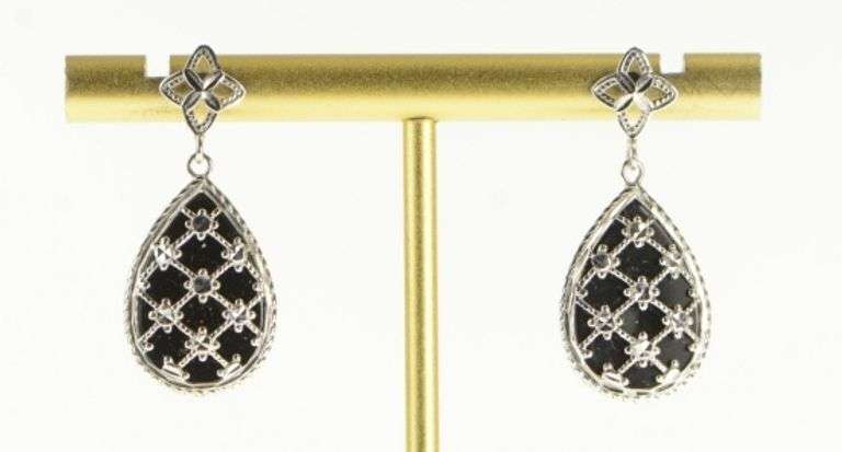 14K White Gold Pear Tear Drop Black Onyx Dangle Statement Earrings