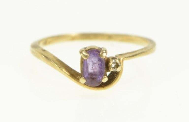 14K Yellow Gold Oval Amethyst Diamond Accent Wavy Bypass Ring