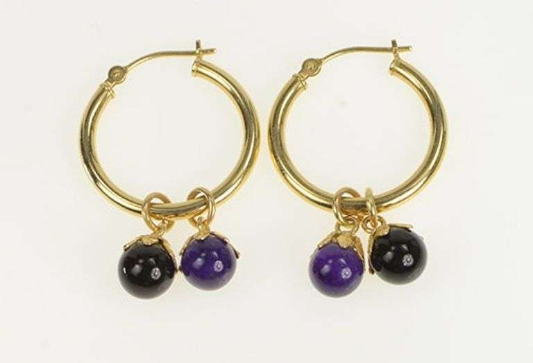 14K Yellow Gold Amethyst Black Onyx Fringe Statement Hoop Earrings