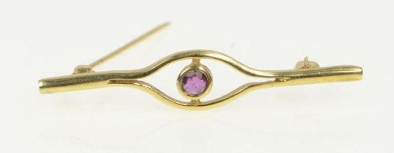 14K Yellow Gold 1960's Ornate Ruby Split Vintage Bar Pin/Brooch