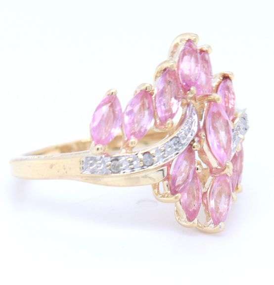 Attractive Yellow Gold Marquoise Pink Sapphire and Diamond Cocktail Ring