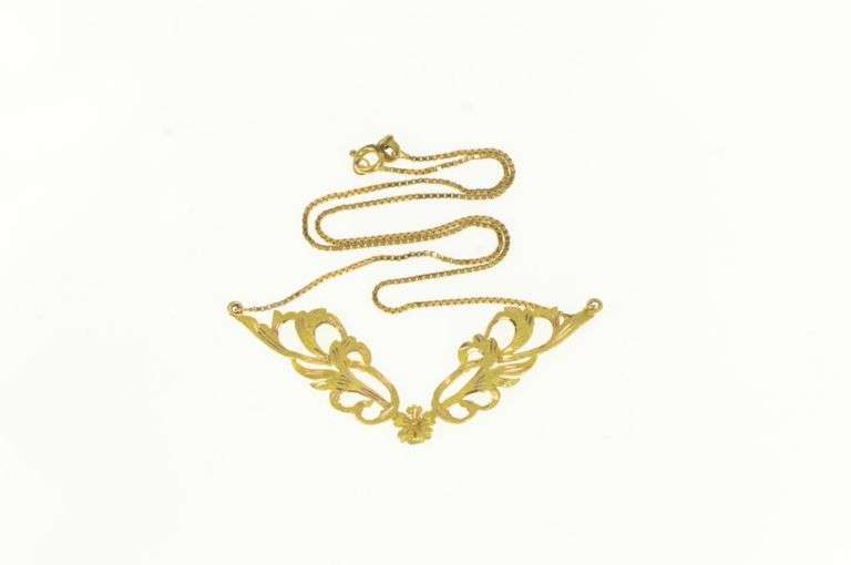 14K Yellow Gold Elaborate Scroll Work Flower Chevron Chain Necklace
