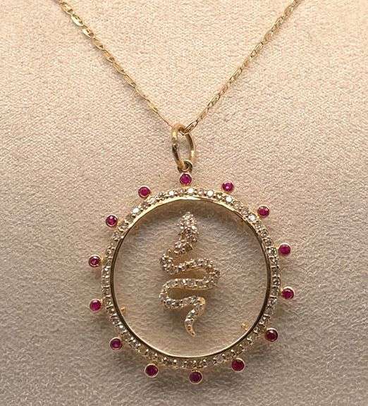 14K GOLD SNAKE CHARM NECKLACE WITH RUBIES AND DIAMONDS