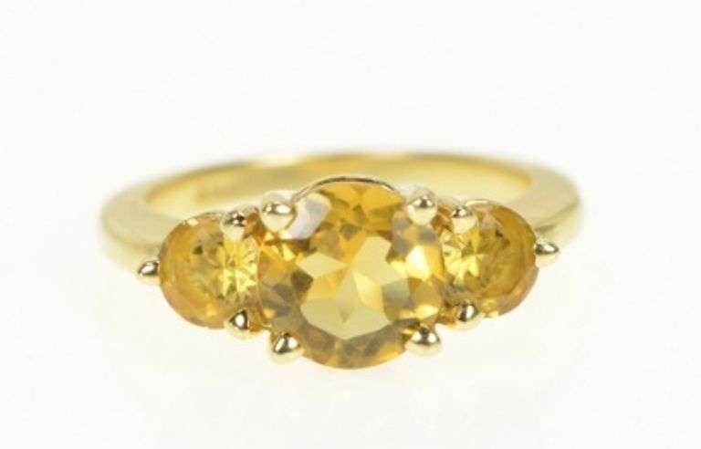 14K Yellow Gold Three Stone Citrine Vintage Statement Ring