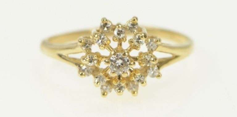 14K Yellow Gold Diamond Snow Flake Flower Cluster Cocktail Ring